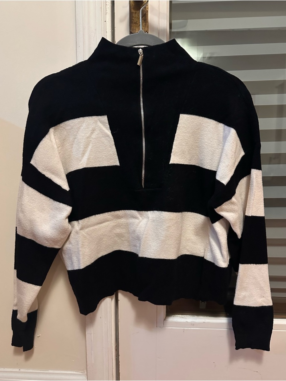 stradivarius Black & White Striped Half-Zip Turtleneck Sweater